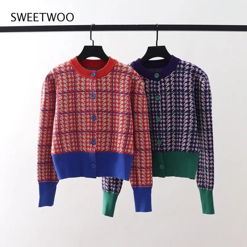 

2022 Vintage Plaid Sweater Cardigans Women Knit Crop Top O-Neck Jersey England Style Outerwear Spring Autumn Japanese Korean Ins