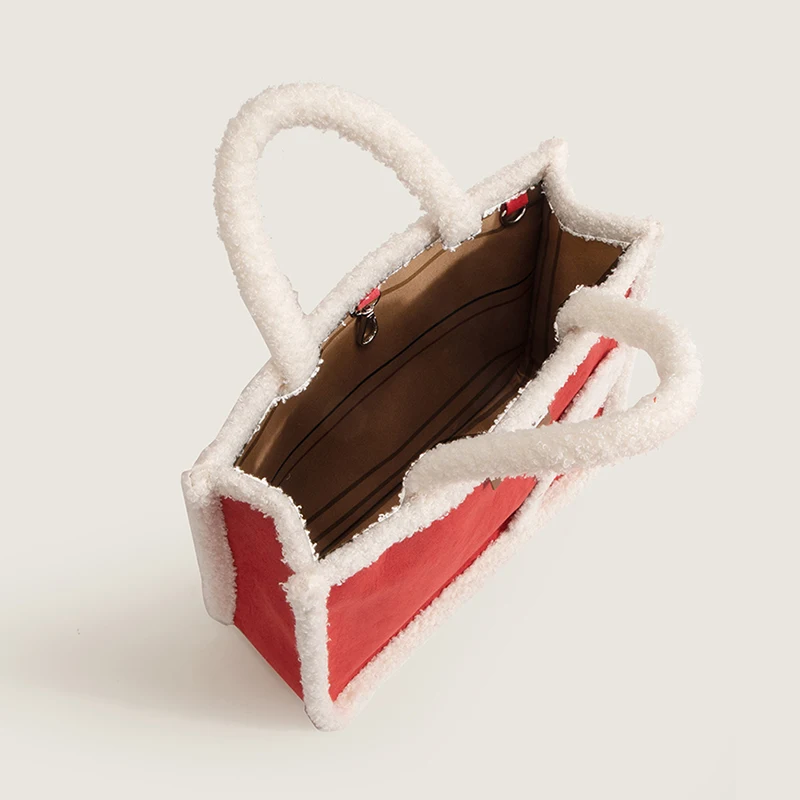 2 Sets Plush Tote Bag for Women 2022 Cute Girls Designer Handbag with Wallets Autumn And Winter Imitation Lamb Wool Shoulder Bag