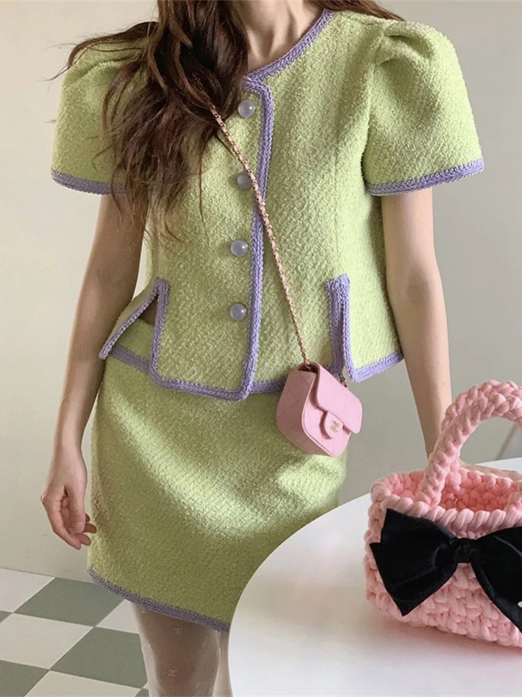 

Summer Vintage 2 Two Piece Set Women Korean Style Puff Sleeves O-neck Slit Short Coat Crop Top + High Waist Bodycon Mini Skirt