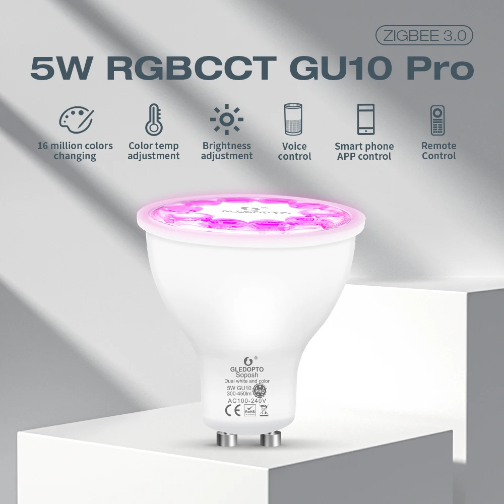 ZigBee 3.0 Pro GU10 5W RGBCCT LED Spotlight GLEDOPTO Smart Lights Lamp Work with Echo Alexa SmartThings Tuya App Voice Control