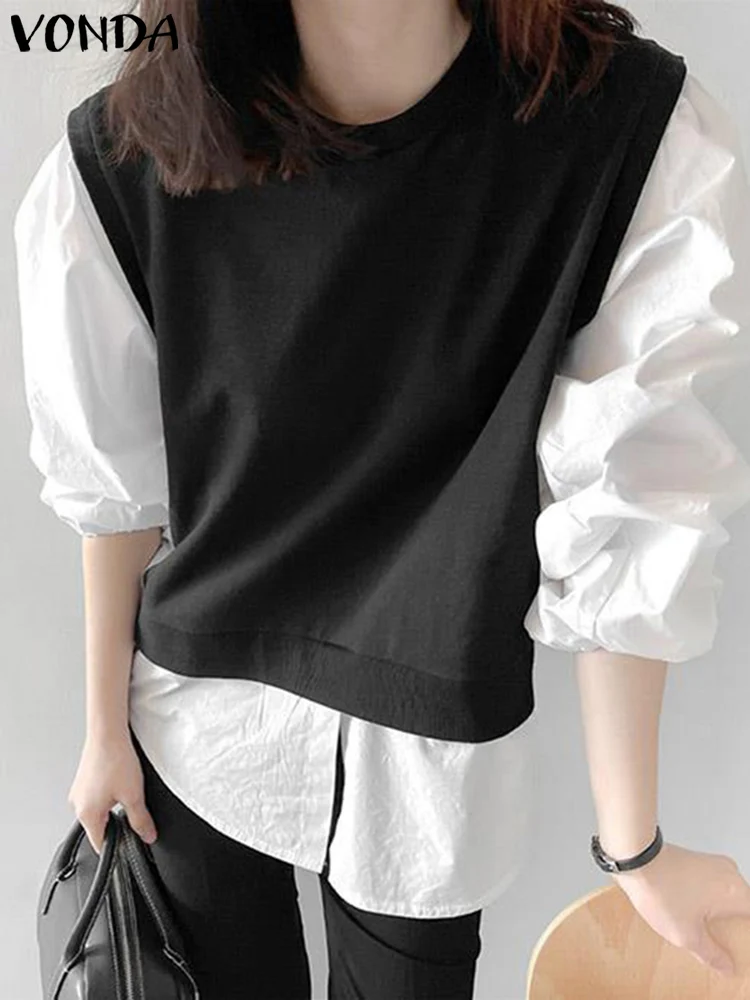 

Модные женские Топы VONDA, элегантные рубашки 2023, повседневные Лоскутные блузки с круглым вырезом и длинным рукавом-фонариком, женские блузы с асимметричным подолом