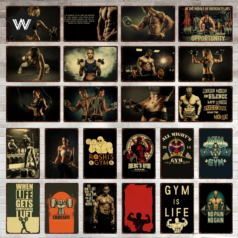 

Muscle Fitness Metal Tin Sign Gym Room Wall Stickers Bodybuilding Vintage Metal Poster Tin Plate Plaque for Man Cave Club Decor