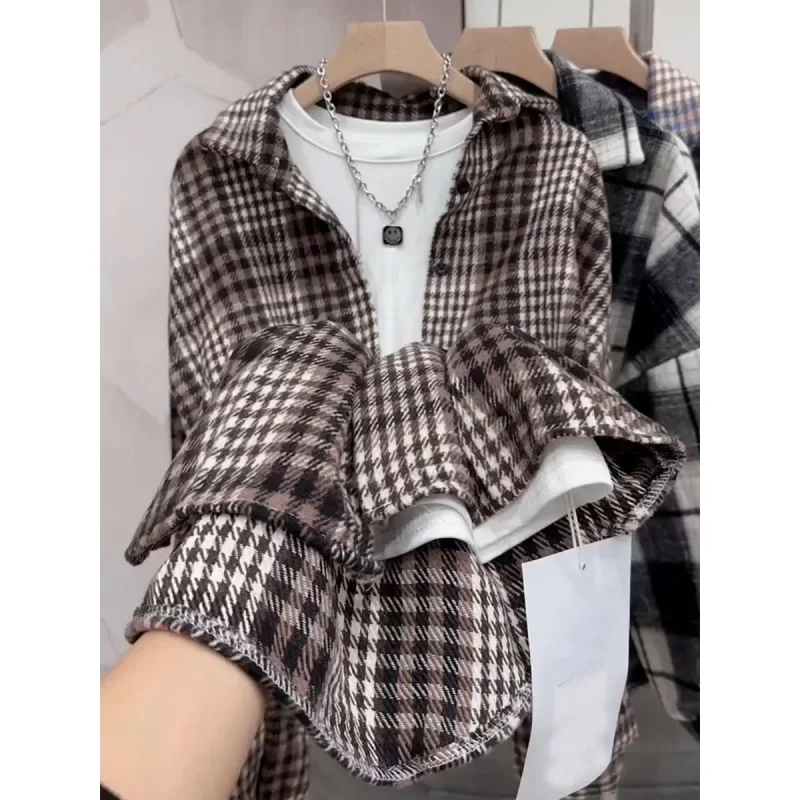 Винтажная клетчатая рубашка в гонконгском стиле женская свободная повседневная