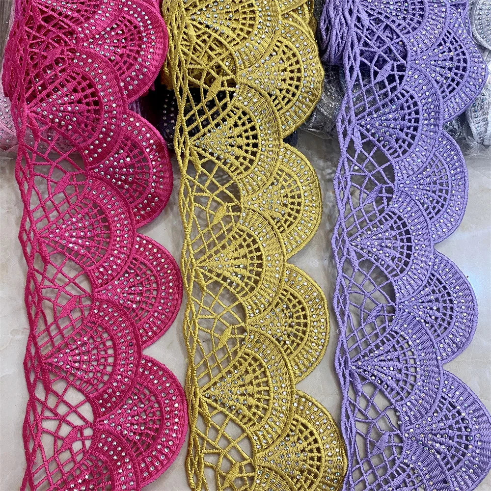 

4meters many colors African lace trim with rhinestone Metallic Embroidered Motif Lace Nigeria Venice Trim Wide 9.5CM