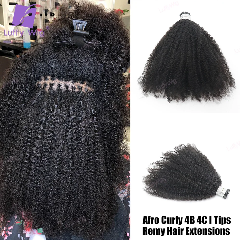 

Mongolian Afro Kinky Curly Bundles Microlinks Hair Extensions Sassy Curly Hair 3B 3C I tip Human Hair Extensions Black For Women