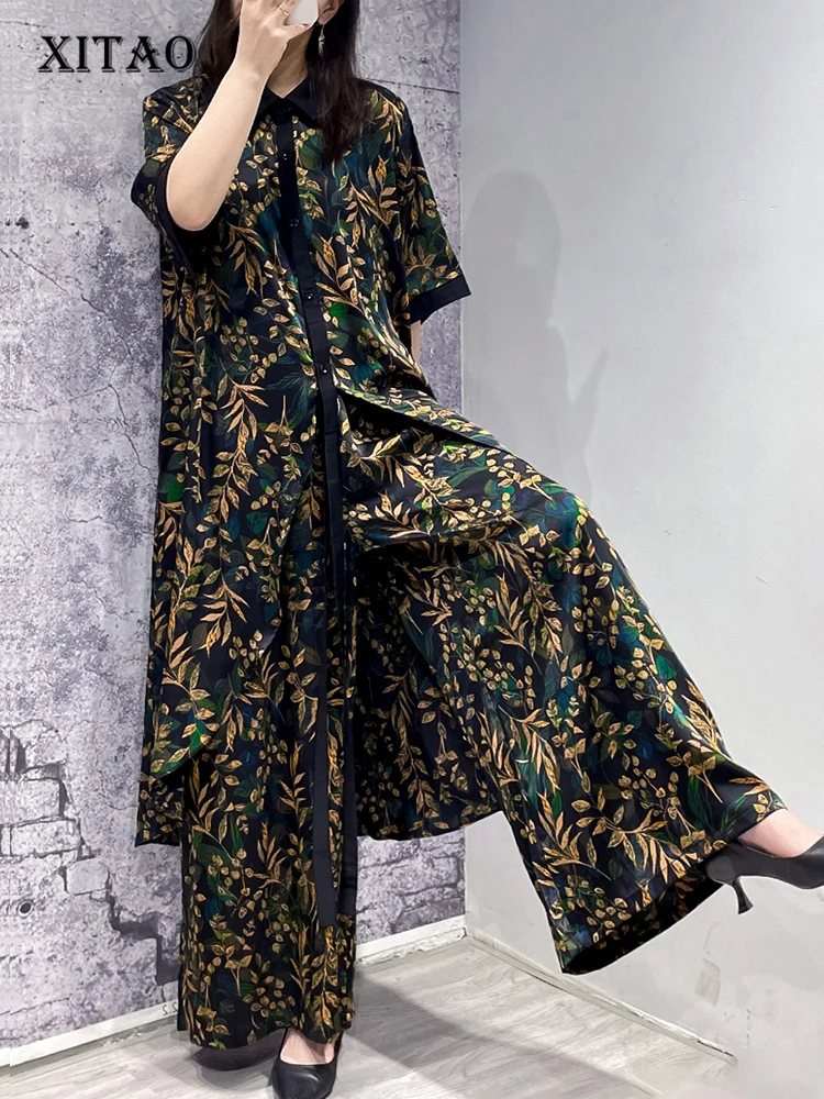 

XITAO Vintage Print Pants Sets Fashion Casual Half Sleeve Top Long Wide Leg Pants Two Pieces Sets Summer New Women WLD13641