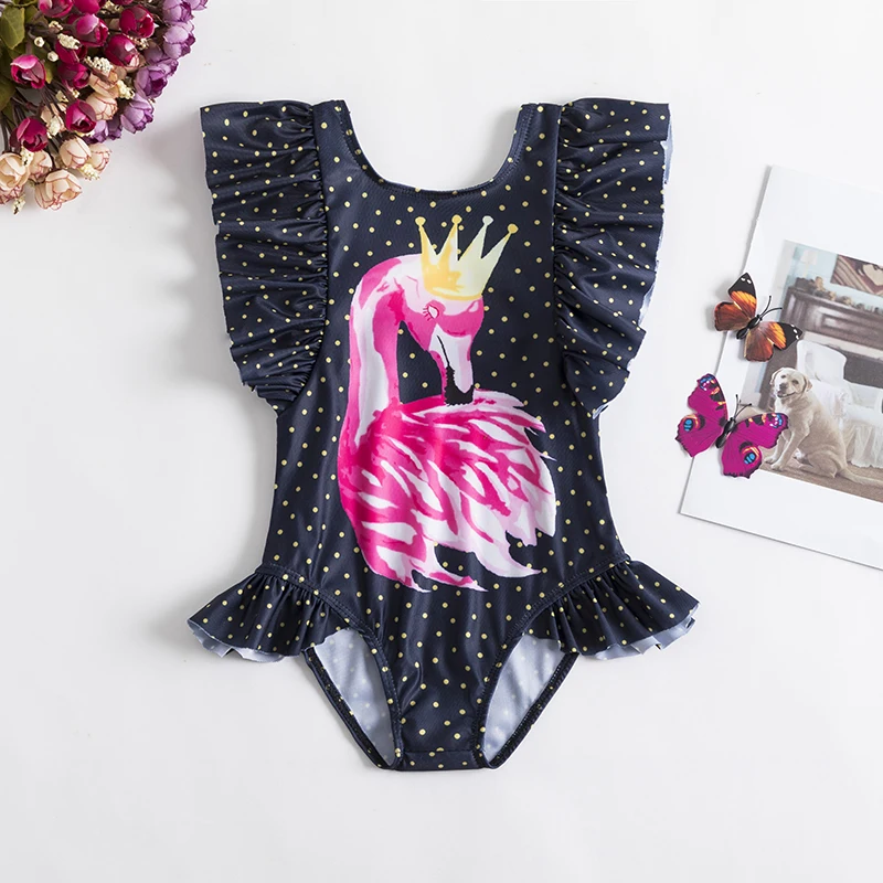 

Купальник для девочек, синий купальник с мультяшным принтом фламинго, в горошек, с оборками, для начинающих ходить детей, лето