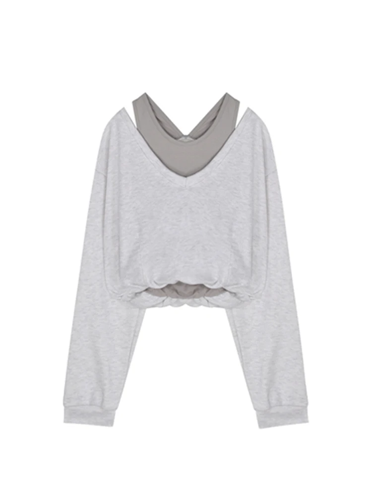 

Женский пуловер, свитшот, Осенние сексуальные толстовки с открытыми плечами и лямкой на шее, Женские однотонные мешковатые укороченные топы с длинным рукавом Y2k, имитация двух предметов