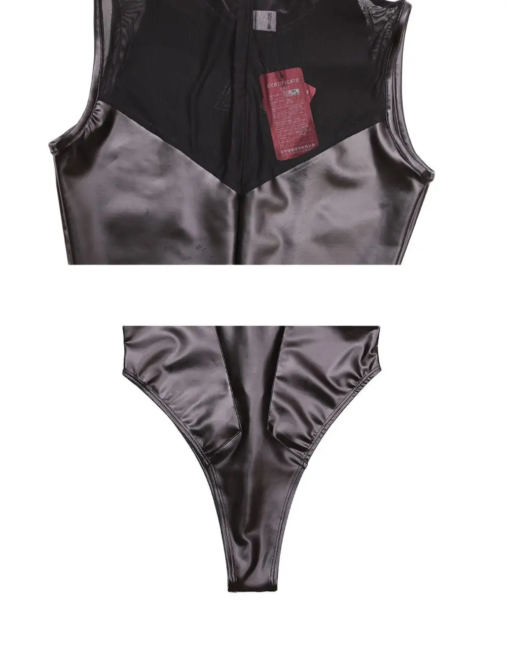 New Sleeveless Rompers Playsuits High Slit Bodysuit Faux Latex PU Leather Mesh Patchwork Corset Catsuit One-Piece Straitjacket