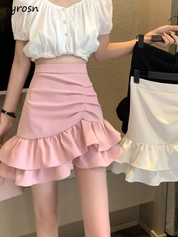 

Мини-юбка женская с оборками, милая модная простая элегантная ассиметричная однотонная Повседневная нежная универсальная дизайнерская юбка с высокой талией на лето