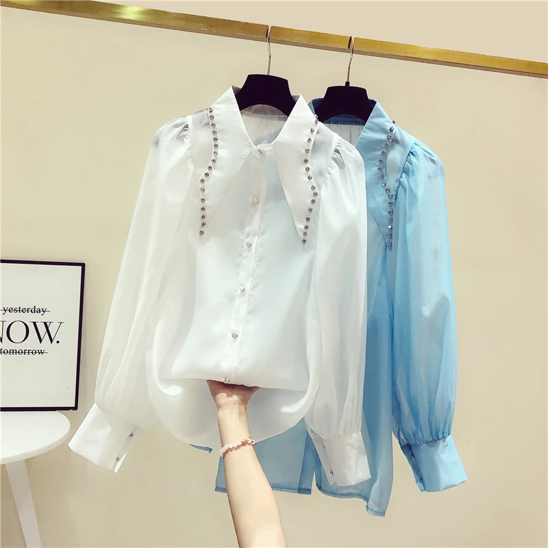 2022 Spring Summer Long Sleeve Blouses Femme Sweet Doll Collar Diamond Shirt New Casual Loose White Top Women's Blusas