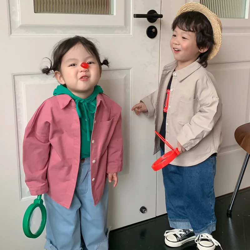 

Детская рубашка с длинными рукавами в Корейском стиле, весенняя одежда, новое милое пальто с лацканами и карманами