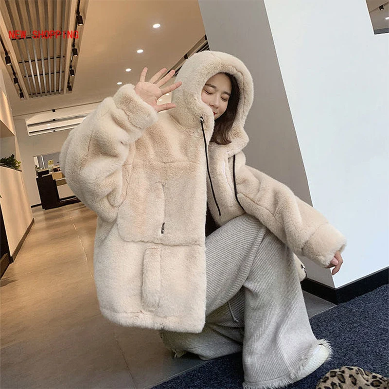 2022 Faux Fur Women Coat with Hood Fashion Zipper Plush Thick Slim Pink Faux Fur Jacket Fake Rabbit Fur Coats Chaqueta Mujer