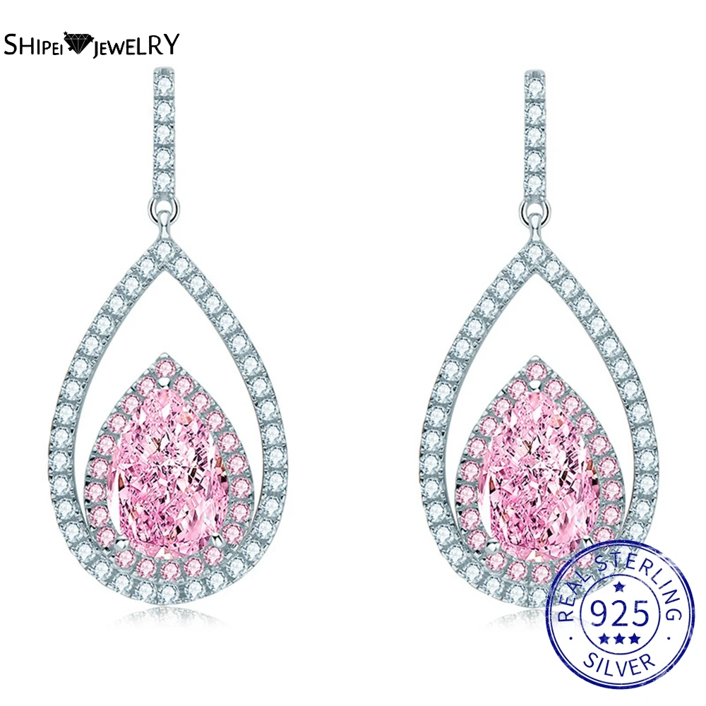 

Shipei 925 Sterling Silver VVS 3EX Pear Pink Sapphire Created Moissanite Gemstone Fine Jewelry Women Dangle Earrings Studs Gifts