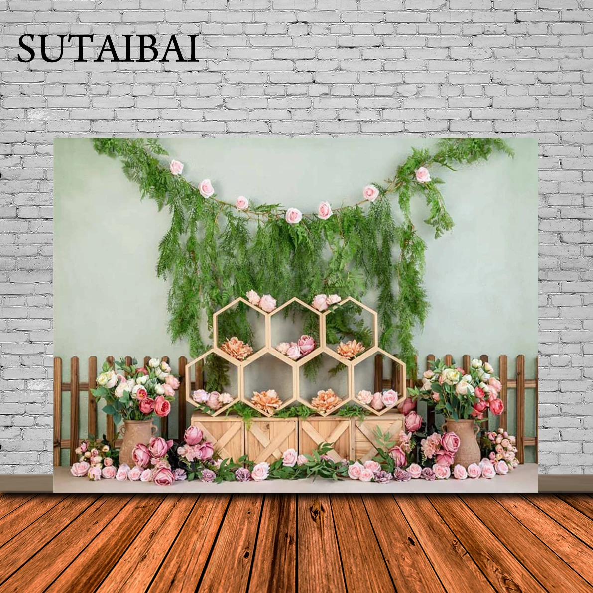 

Фон для фотосъемки с изображением сада и деревянных сотовых сот с цветными цветами