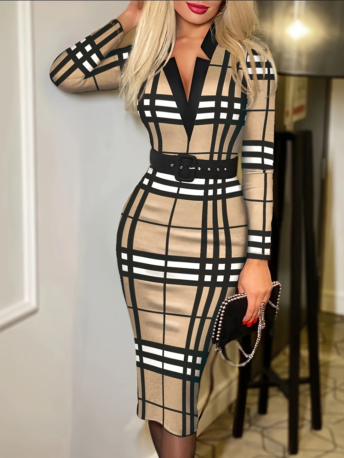 

2023 Autumn/Winter New Women's Fashion Style Fashion Wrap Hip Dress Plaid V-neck Casual Elegant Slim Long Sleeve Sexy Dress