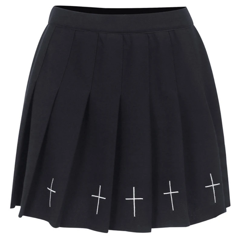 

Women Punk Cross Embroidery Black Mini Pleated Skater Skirt Ruffle High Waist A-Line Dark Gothic Harajuku Streetwear slip on