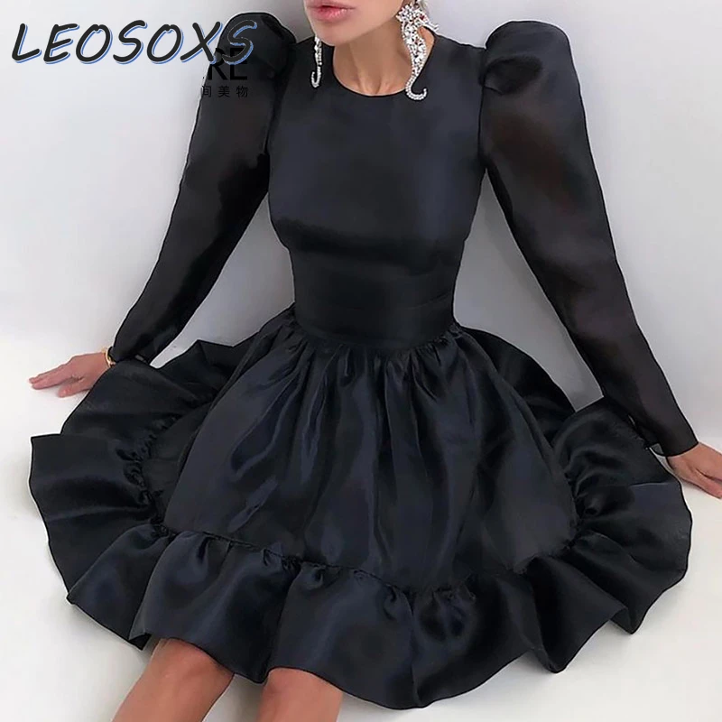 

Women's New Autumn Socialite Hepburn Style Dress Pleated Design Sense Round-Neck Puff Sleeve High Waist Elegant Black Mini Dress