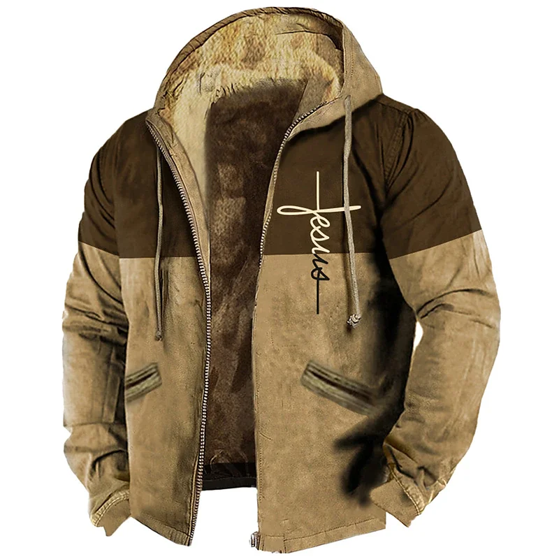 

Winter Jackets Men Zip-up Fleece Male Coat Hoodies Jesus Christ Print Padding Parka Clothing Windbreaker Sweatshirts Outerwears