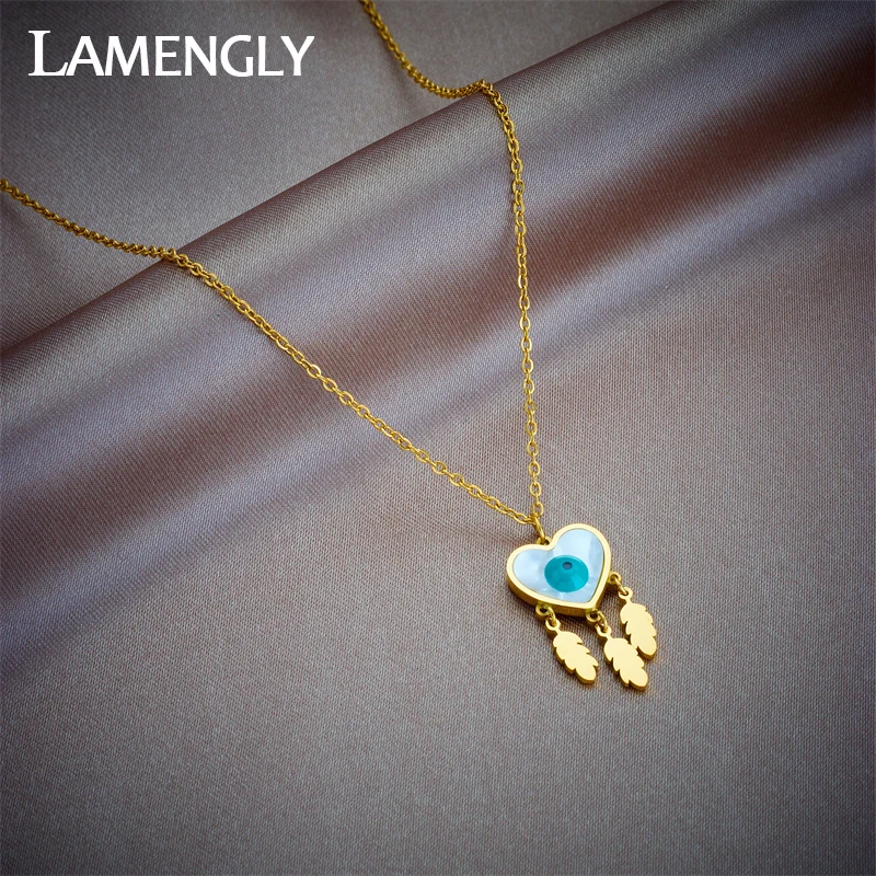 

LAMENGLY 316L Stainless Steel Heart-shape Eye Feather Pendant Necklace For Women Girl New Clavicle Chain Non-fading Jewelry Gift
