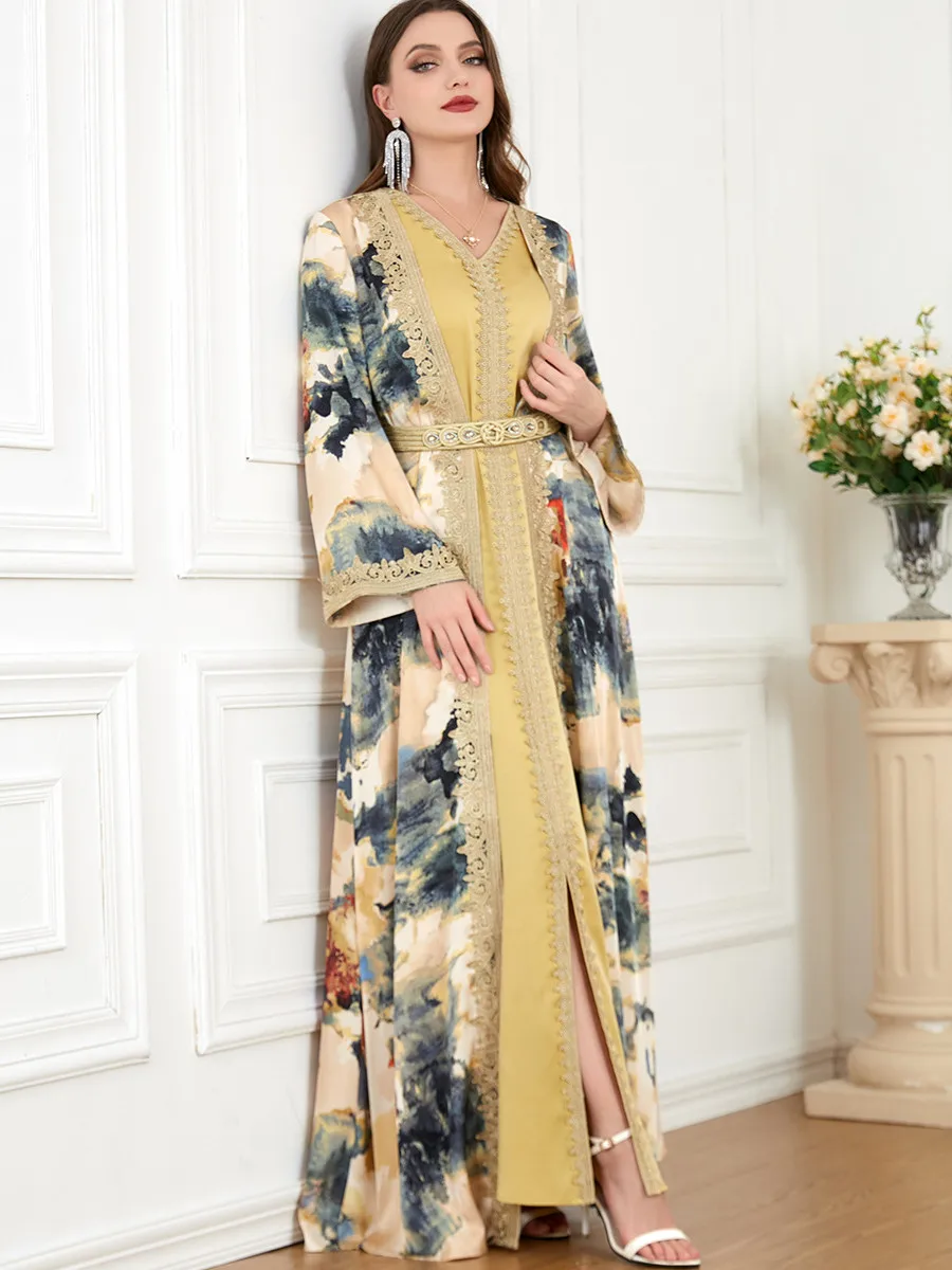 Moroccan Caftan Woman Jalabiya Abaya Muslim Dubai Ladies Luxury Clothing Prom Kaftans 2 Piece Suit Islamic Long Dresses 2023