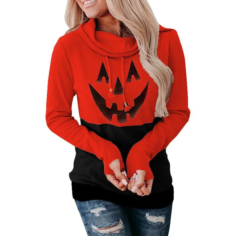 

Autumn Spring Halloween Pumpkin Hoodies Sweatshirts Women Print Turtlenck Casual Long Sleeve Ladies Top Pullovers Woman Clothes