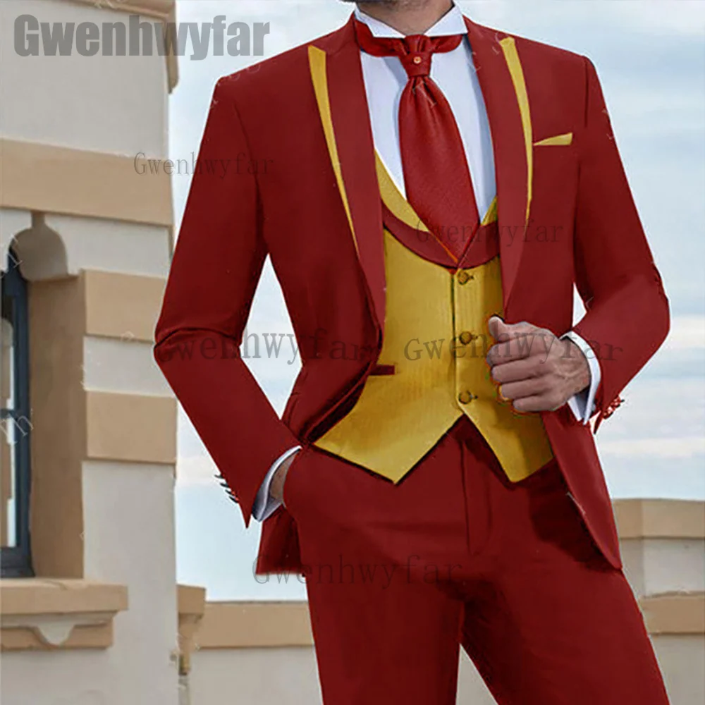 

Мужские повседневные облегающие костюмы Gwenhwyfar, комплект из 3 предметов, красный блейзер для жениха, свадебный смокинг для вечеринки, мужской костюм на заказ (Блейзер + жилет + брюки)