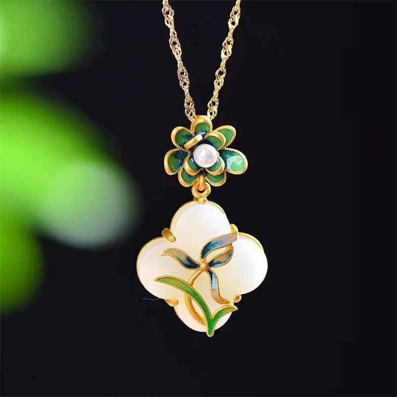 

Top Grade Jade Flower Clover Pendant Necklace Female Accessories Popular S925 Silver Clavicle Chain Necklace Women Jewelry Set