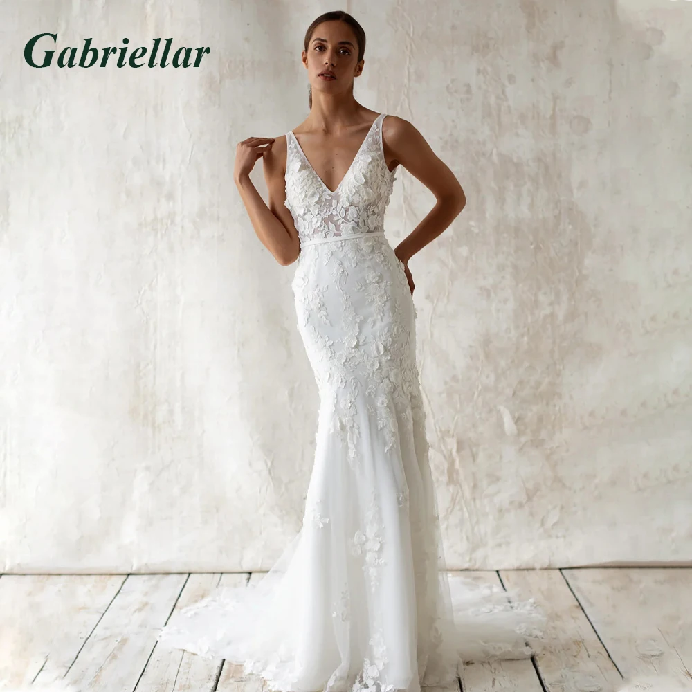 

Gabriellar Charming Mermaid Wedding Gowns Sleeveless V-neck Floral Appliques Backless Sweep Train Robe De Mariée Customized