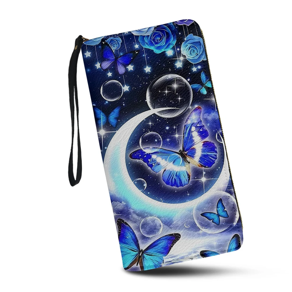 Belidome Blue Butterfly Moon Floral Print Womens Wristlet Wallets Long Purse RFID Blocking PU Leather Card Holder Clutch Bag