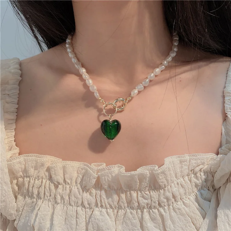 

Minar Chic Clear Glass Love Heart Pendant Necklace for Women Green Blue Pink Heart Natural Freshwater Pearl Chokers Necklaces