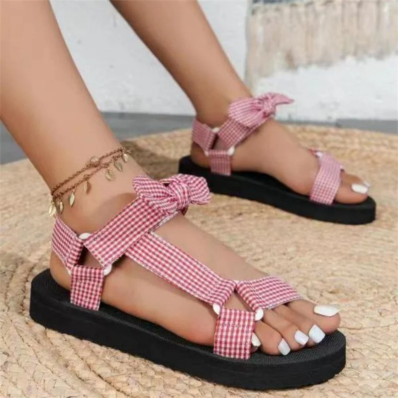 New Summer Women Sandals Color Flat Casual Lace Up Bow Shoes for Ladies  Fashion 2023 Outdoor Leopard Beach Mujer