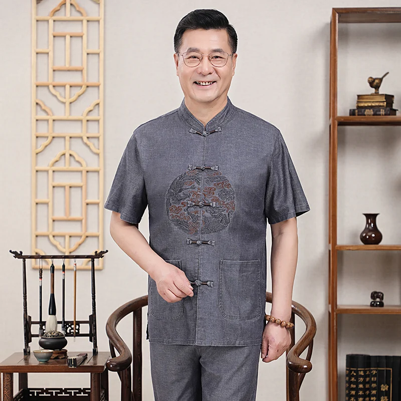 

Summer New Chinese Style Cotton Linen Tang Suit Men Short Sleeve Top And Pants Kung Fu Sets Oriental Lounge Costume Streetwear