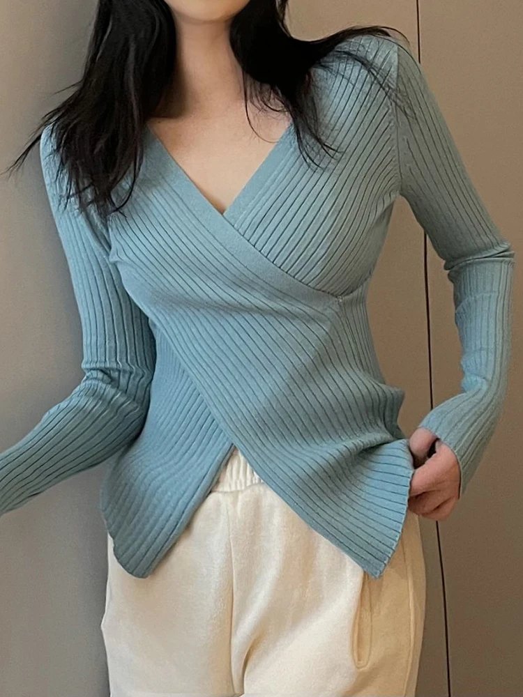

Irregular V-Neck Sweater Women Long Sleeve Top Pullover 2023 Winter Knitted Sweaters Korean Fashion Woman Clothes