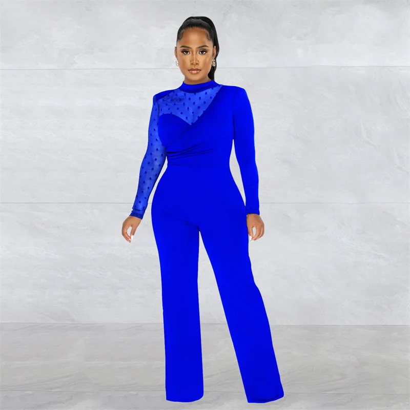 Elegant Fashion Polka Dot Mesh Sheer Patchwork Jumpsuit Women Party Club Long Sleeve Rompers One-Pieces Wide Leg Overalls Office