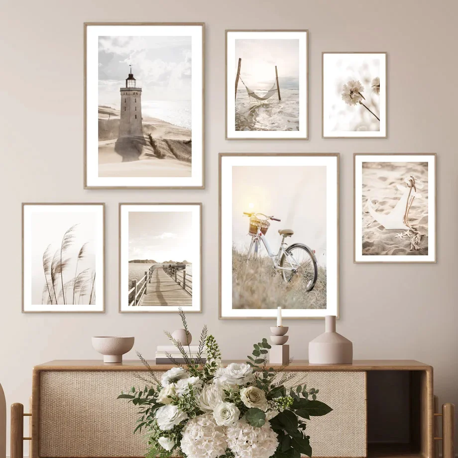 Бежевый Пляж Раковина Маяк Якорь Велосипед Тростниковый Мост Цветок Морской