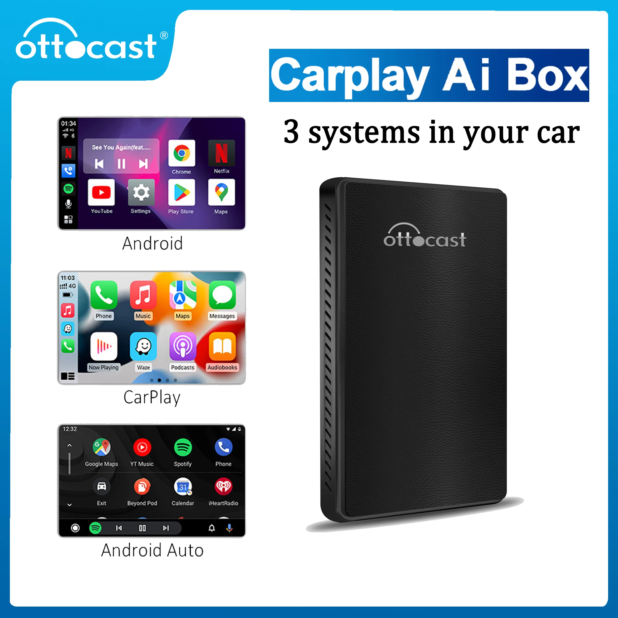 OTTOCAST CarPlay Ai Box Play Video OEM Multimedia Player Wireless CarPlay Android Auto for Audi Bmw Mazda Toyota Netflix YouTube