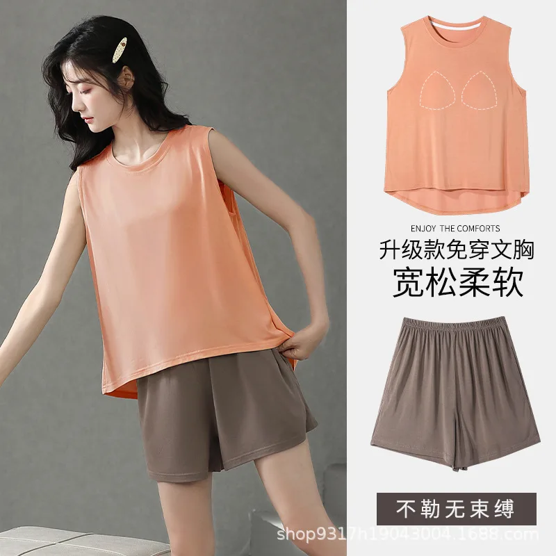 Summer Pajamas for Women New Ice Silk Thin Cool Feeling Sleeveless Sexy Sleepwear Simple Comfortable Style Round Neck Loungewear