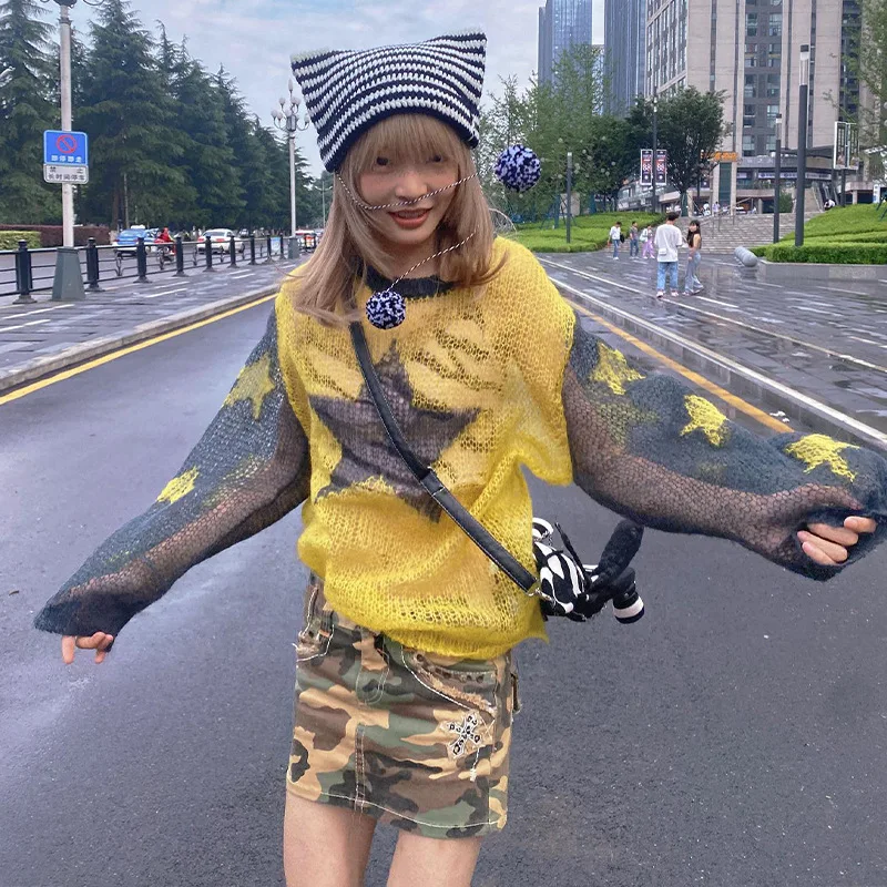 

New Star Print Thin Sweater Women Round Neck Long Sleeve Pullovers Female Oversized Kintted Tops Y2K Clothes Free Size
