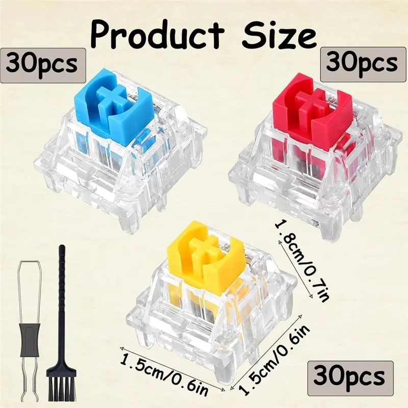 Набор кликеров для клавиатуры AT82-90PCS с пинцетом и щеткой, кликеры для 3D-печати, переключатели для клавиатуры: 30 синих + 30 желтых + 30 красных. (art.: 3920dbaedd40c) - 3920dbaedd40c