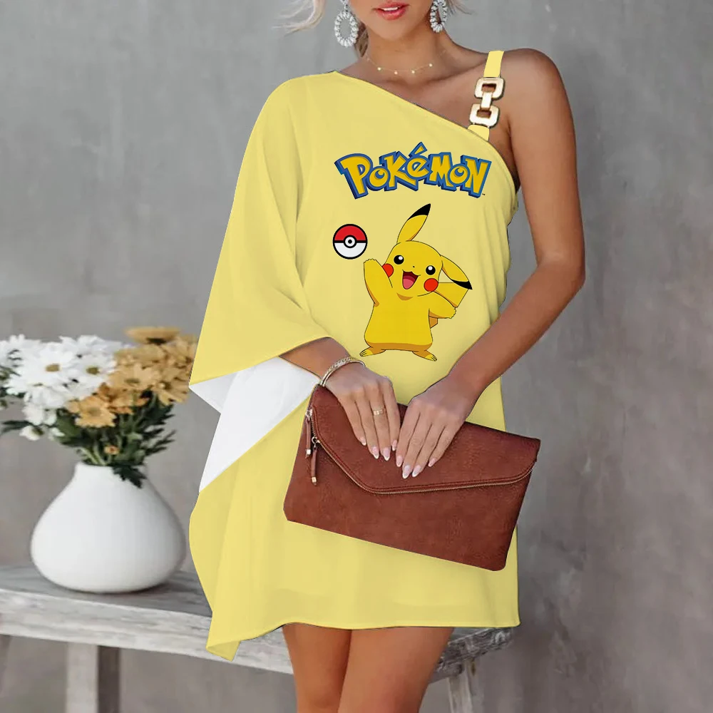

Mini Dress Cute Party Dresses Zevity Diagonal Collar Pikachu Pokemon One-Shoulder Summer Women 2023 Elegant Evening Luxury Sexy