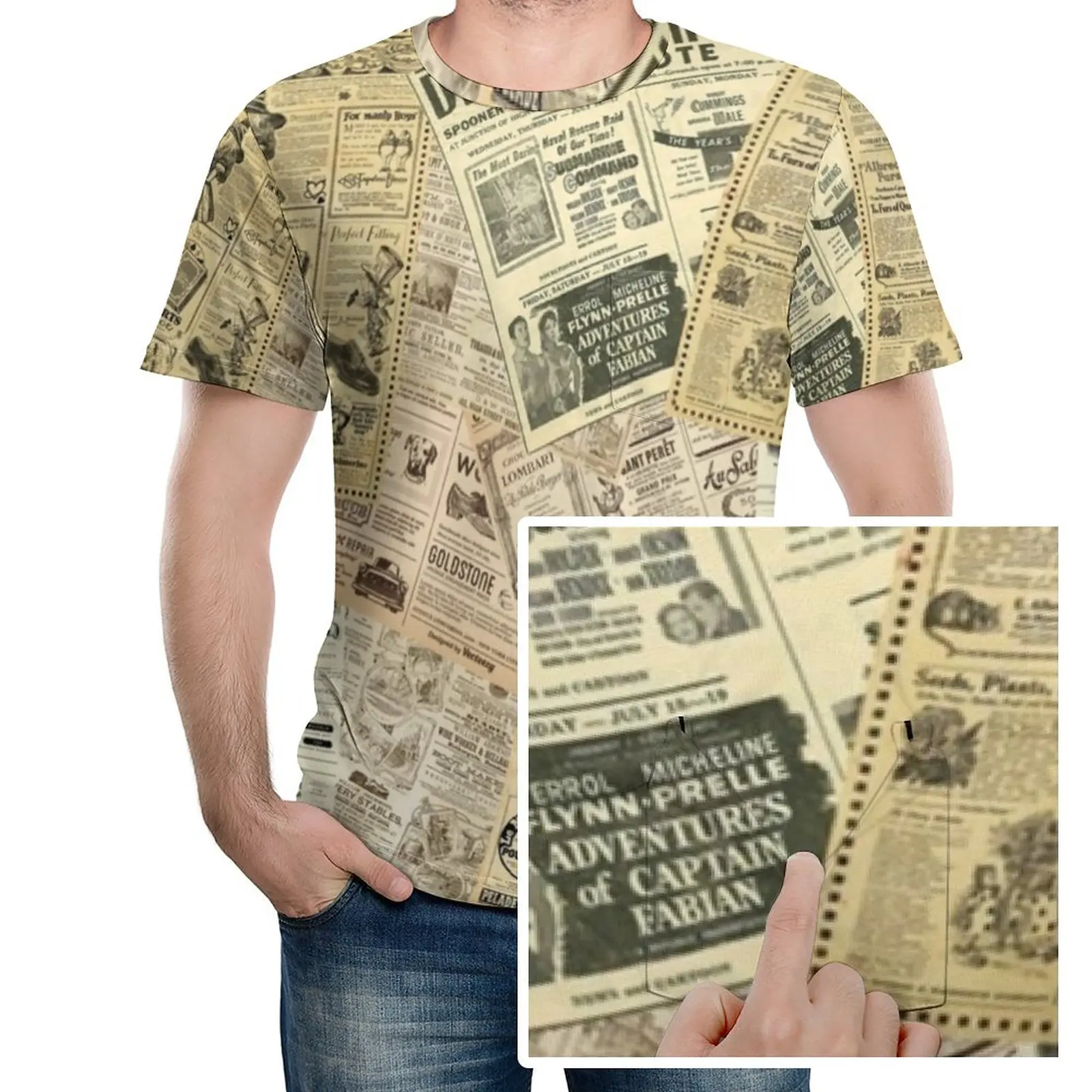 

Футболка в стиле старой газеты, винтажная уличная одежда с принтом, футболки в стиле Харадзюку с круглым вырезом, летняя мужская графическа...