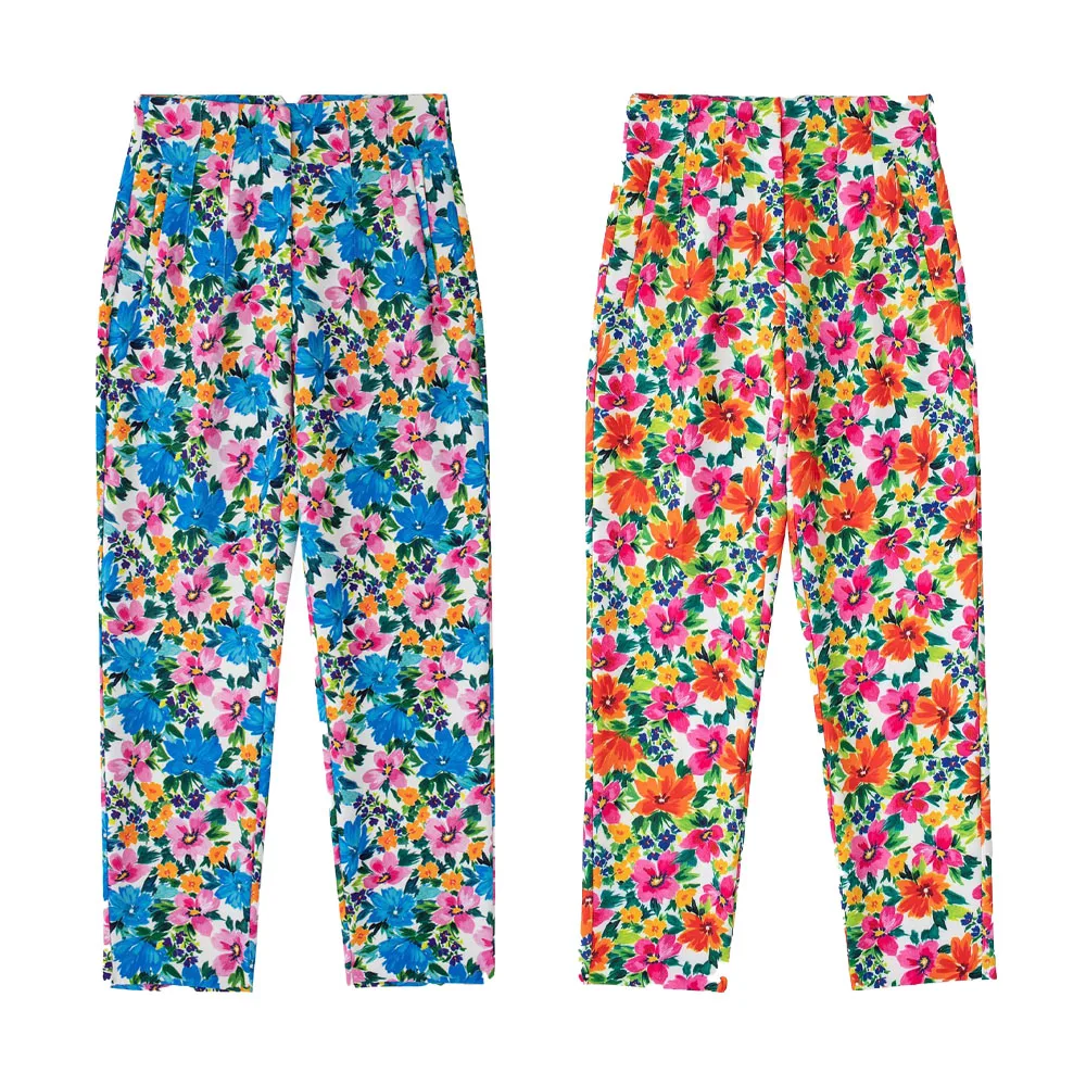 

Zach AiIsa2022 new fashion retro print pastoral flower texture high waist all-match casual straight slim trousers