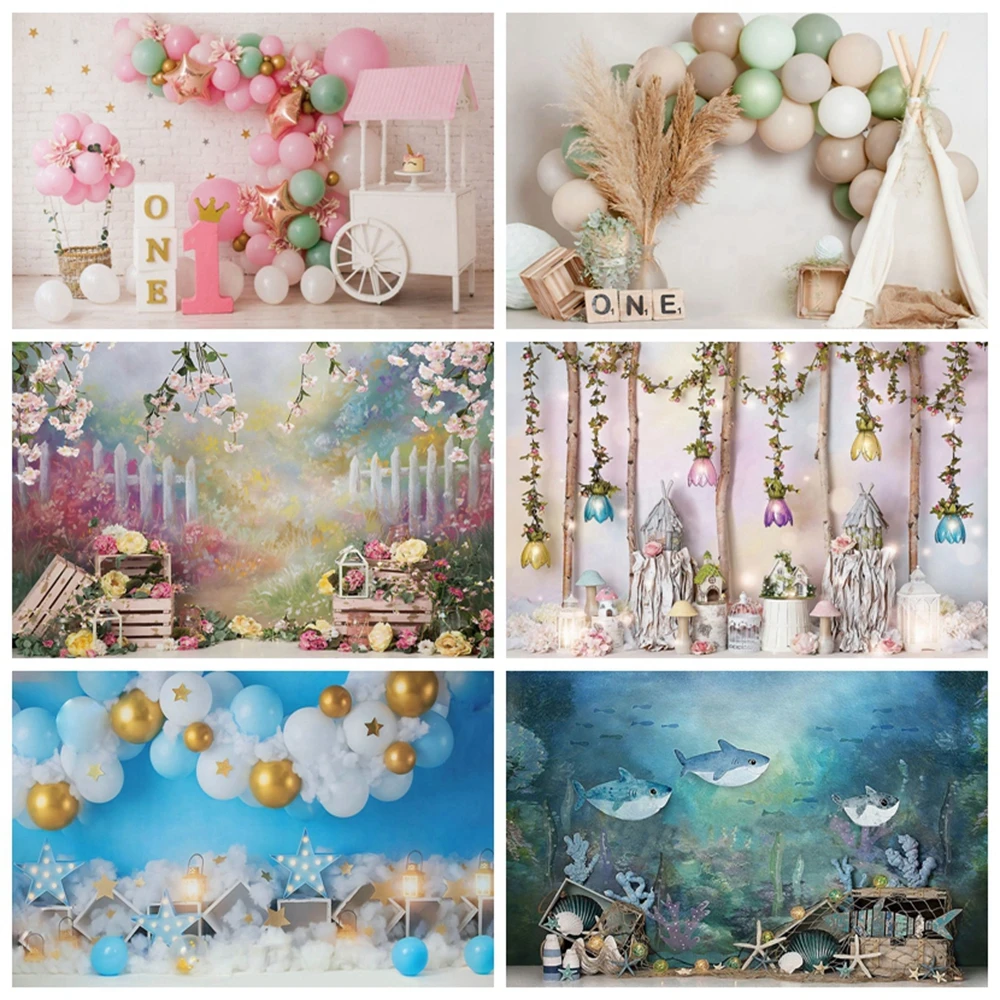 Фон для студийной фотосъемки новорожденных с изображением воздушных шаров торта