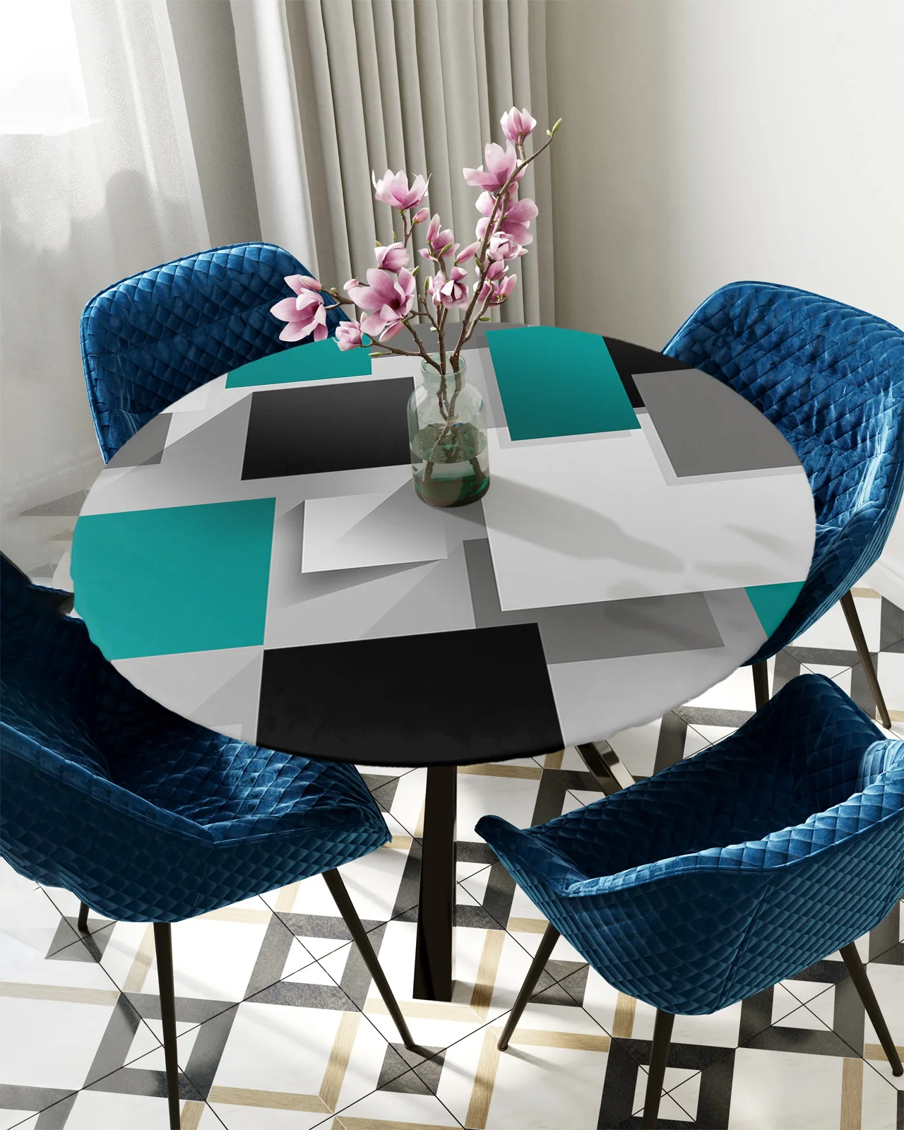 

Абстрактная круглая эластичная накидка на стол с геометрическим рисунком Аква, защитная Водонепроницаемая прямоугольная скатерть из полиэстера