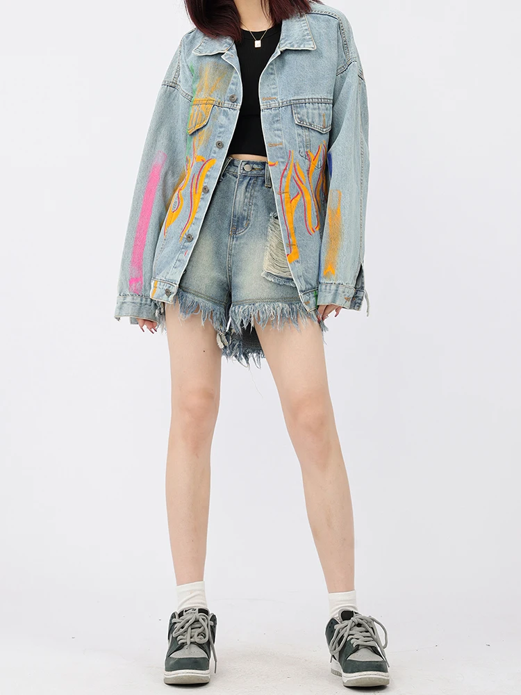 Casual Loose Women Denim Jackets 2022 Spring Autumn Fashion Letter Spray Paint Jean Coats Oversized Female Outerwear Tops