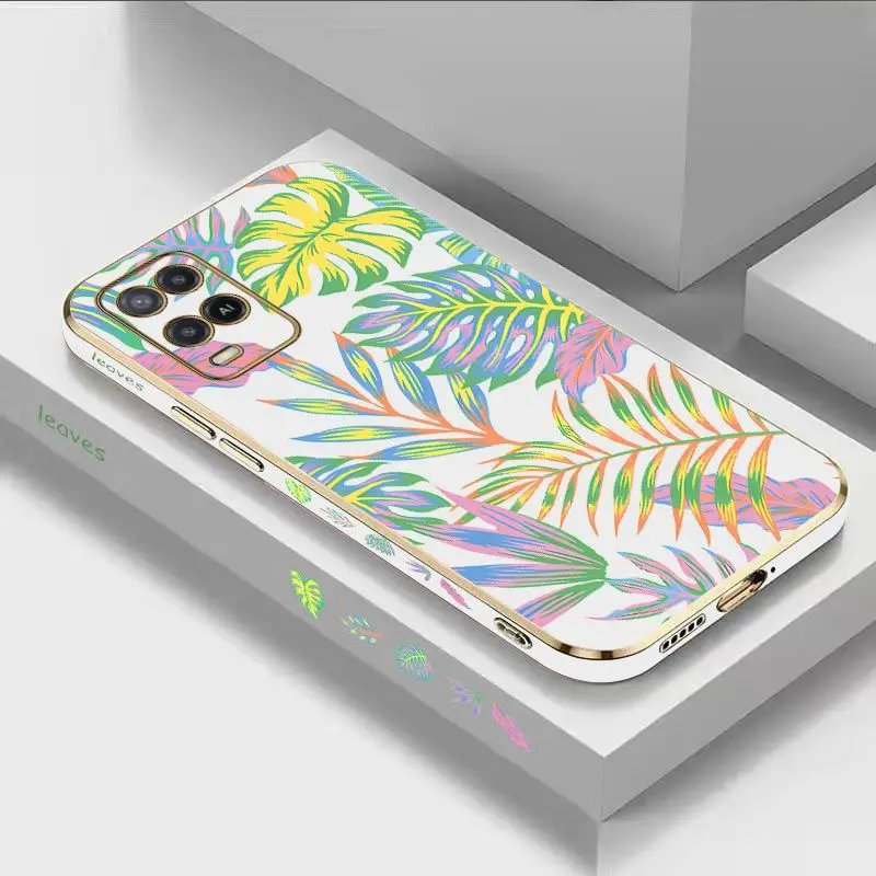 

Camouflage Leaves Luxury Plating Phone Case For Oppo A15 A15S A16 A16K A76 A77 A78 A53 A54 A55 A92 A94 A95 A83 F19 Cover