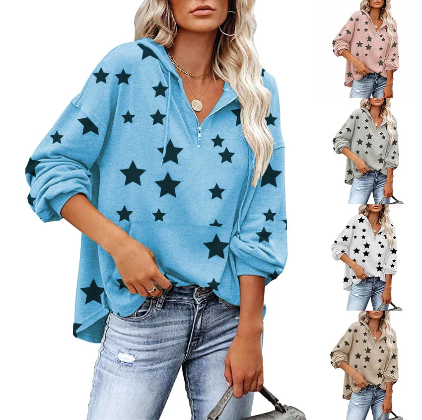 

Женский свитер, новинка сезона осень-зима 2023, женский топ на молнии с капюшоном и карманами, с принтом в виде пятиконечной звезды и длинными рукавами