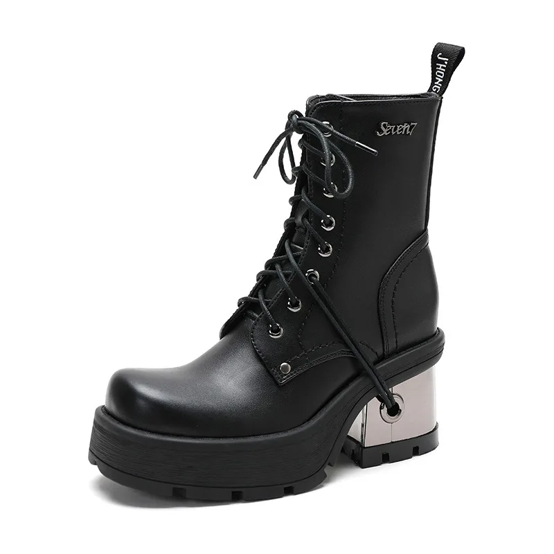 

Spring/Fall 2023 Ladies High Street New Trend Designer Metal High-heeled Lace-up Thick Soled Dark Biker Boots 033