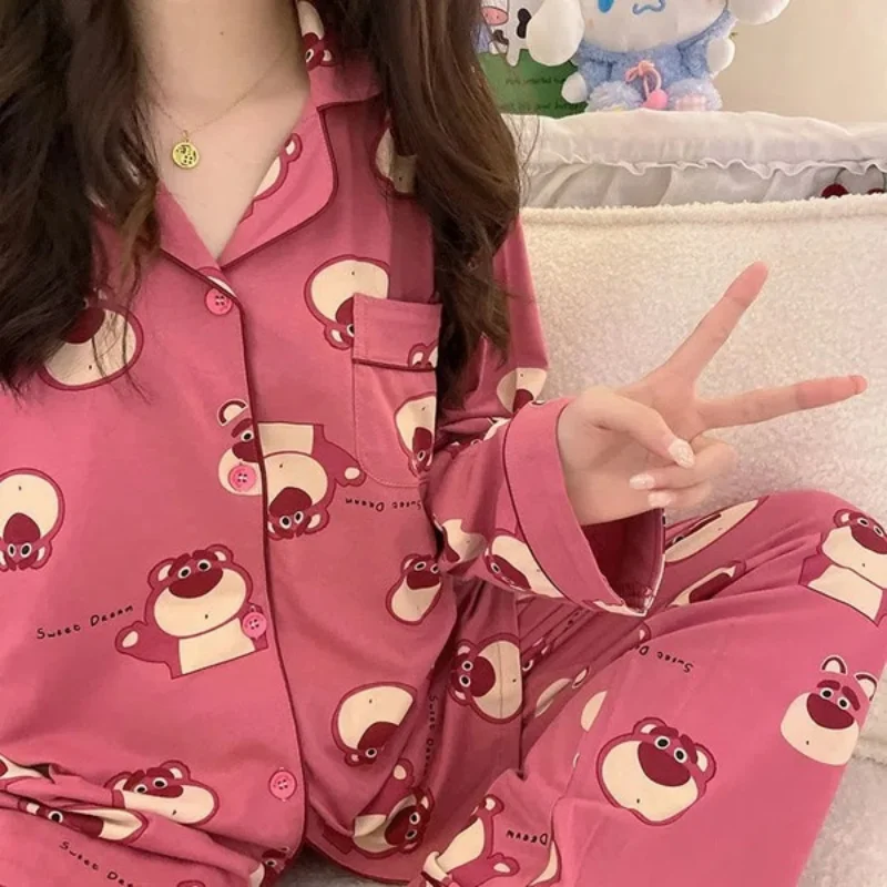New Pajamas For Women's Autumn And Winter Long Sleeve Cartoon Strawberry Bear Cute Girl Nightwear Female Set 2 Pieces Fashion